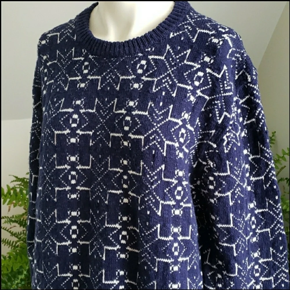 French Connection Mens Crewneck Cotton Sweater Blue with White Snowflakes